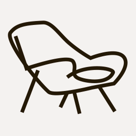 Simple black line drawing of a modern lounge chair with angled legs and a curved backrest.