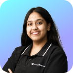 Smiling woman with long dark hair in a black collared shirt against a blue and purple gradient background.