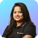 Portrait of a woman with long dark hair wearing a black polo shirt, smiling against a blue and purple gradient background.