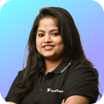 Portrait of a woman with long dark hair wearing a black polo shirt, smiling against a blue and purple gradient background.