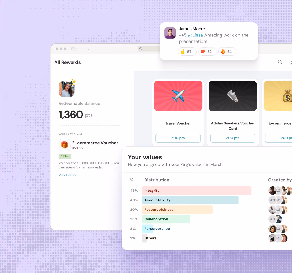 User dashboard showing 1,360 redeemable points with last claim of e-commerce voucher, reward options including travel and Adidas sneakers vouchers, and a chart of values distribution with integrity, accountability, resourcefulness, collaboration, perseverance, and others.