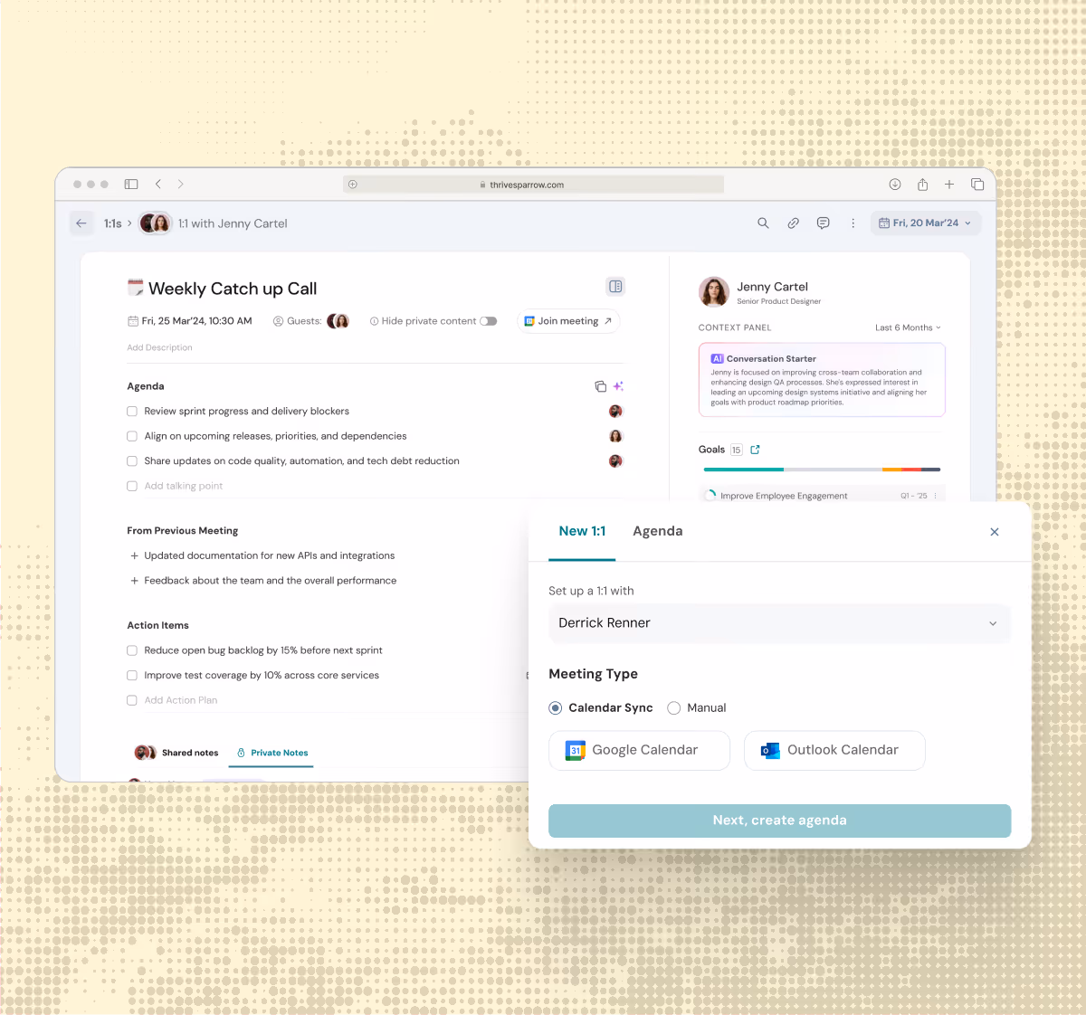 Screenshot of a weekly catch up call agenda interface showing meeting details, agenda items, previous meeting notes, action items, and a pop-up for setting up a new 1:1 meeting with calendar sync options.
