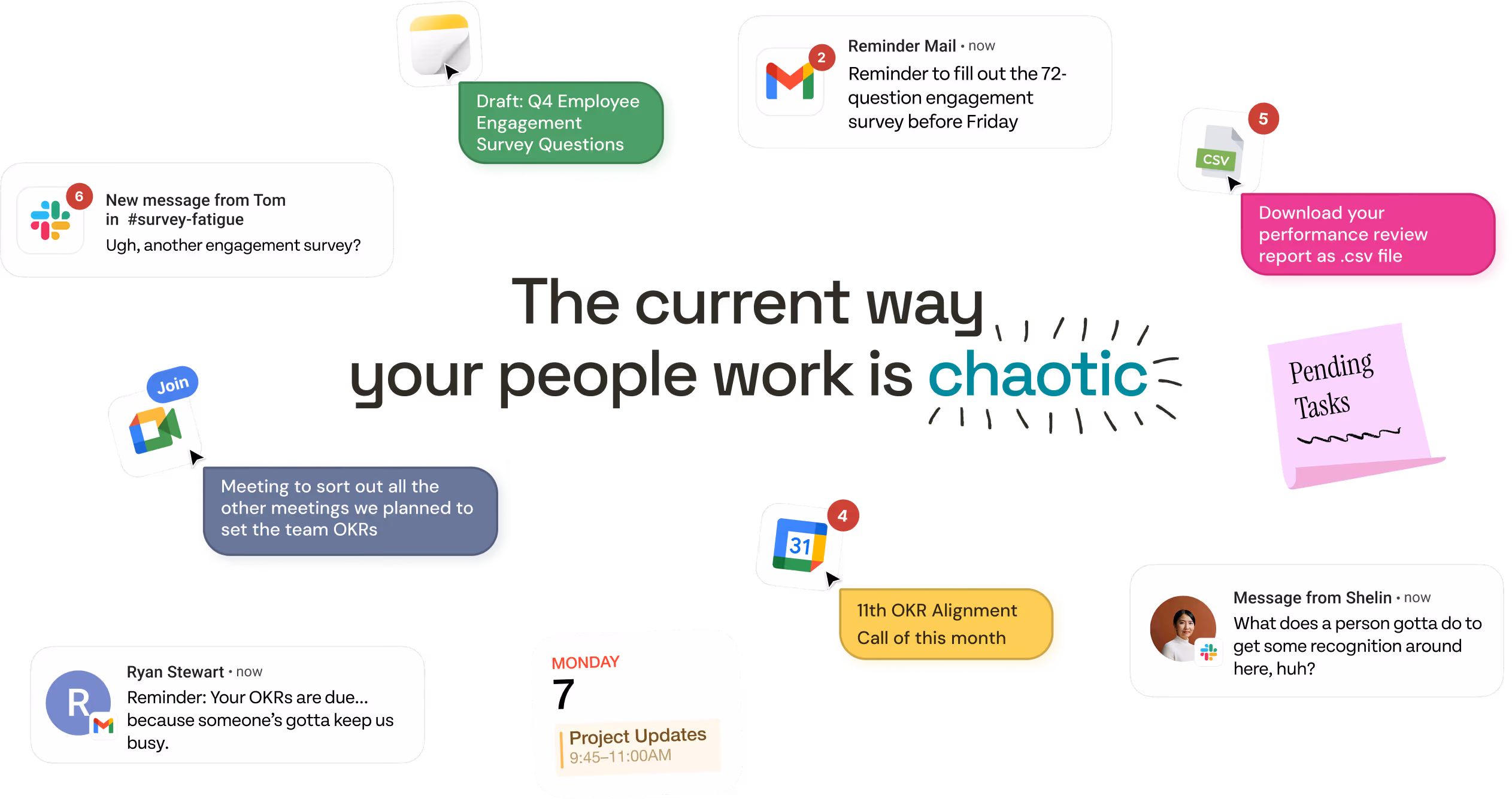 Various overlapping notifications and reminders illustrating chaotic work, including messages, surveys, meetings, and tasks.
