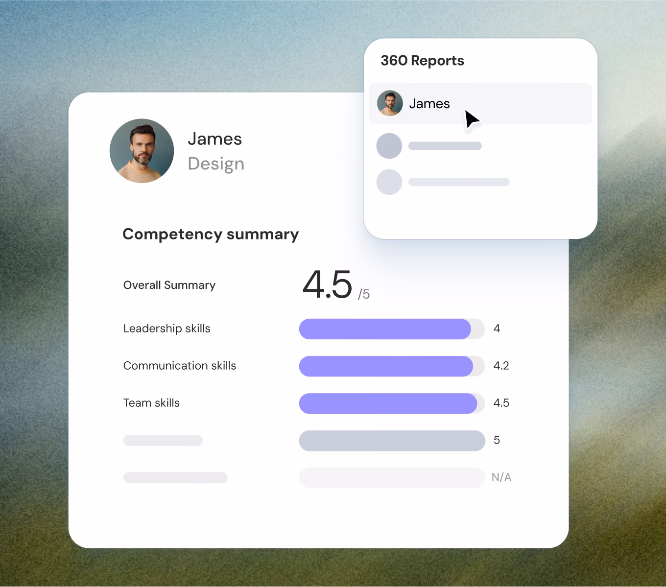 User profile for James in Design with competency summary showing leadership, communication, and team skills ratings.