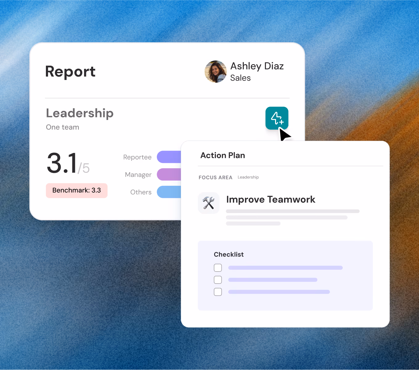 Report card showing leadership score 3.1/5 by Jones Eagle, with an action plan to improve teamwork.