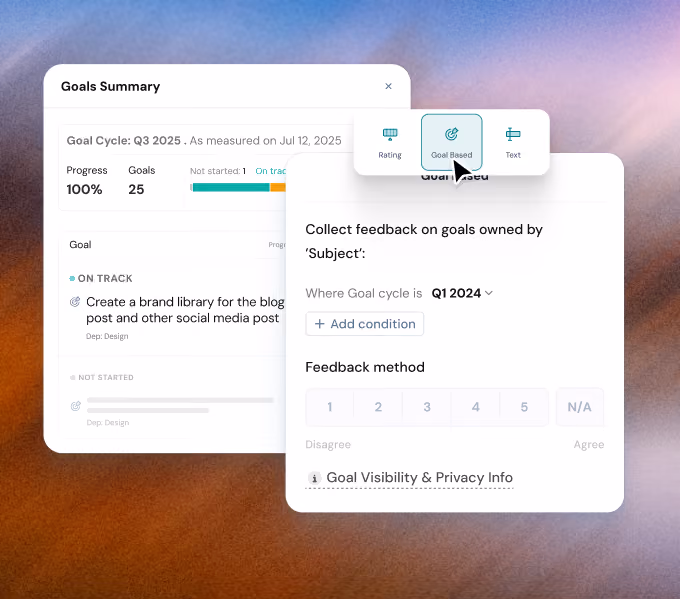 User interface showing goals summary with 100% progress, 25 goals, and feedback options for Q1 2024.