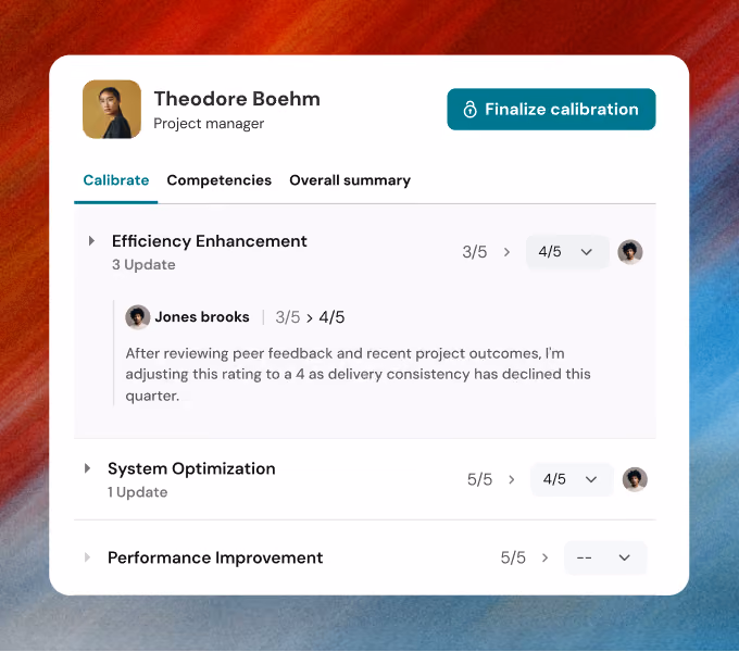 User interface showing Theodore Boehm’s project management calibration with ratings and peer feedback adjustment.