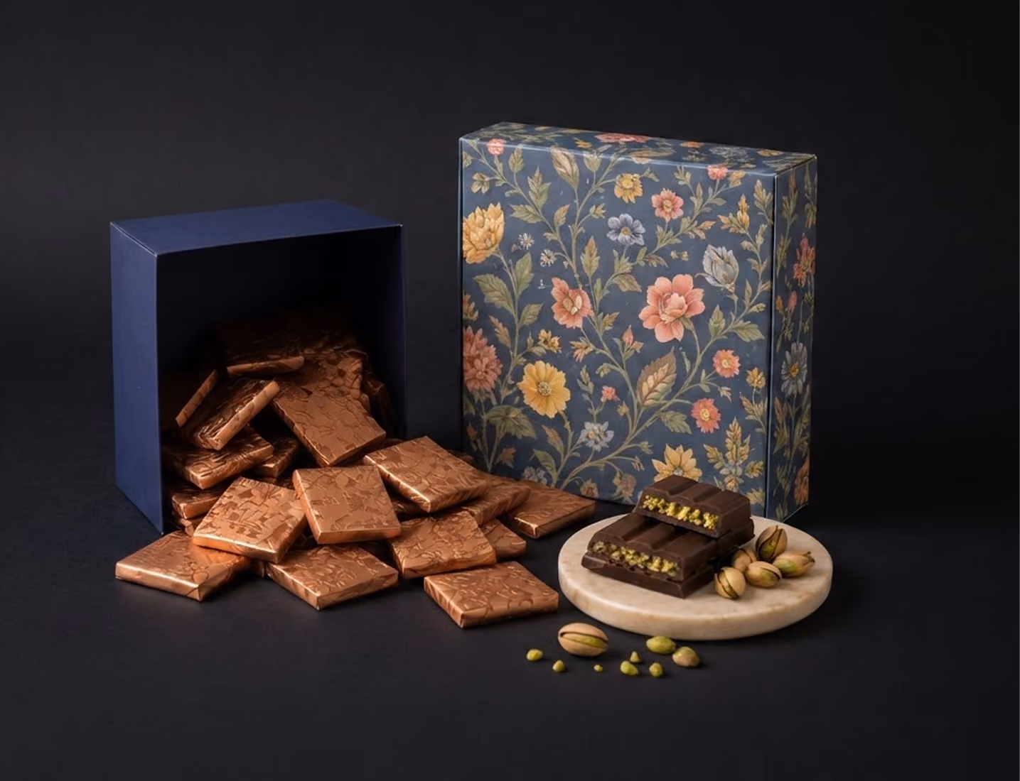 Box spilling foil-wrapped chocolates next to floral gift box and chocolate squares with pistachios on marble plate.
