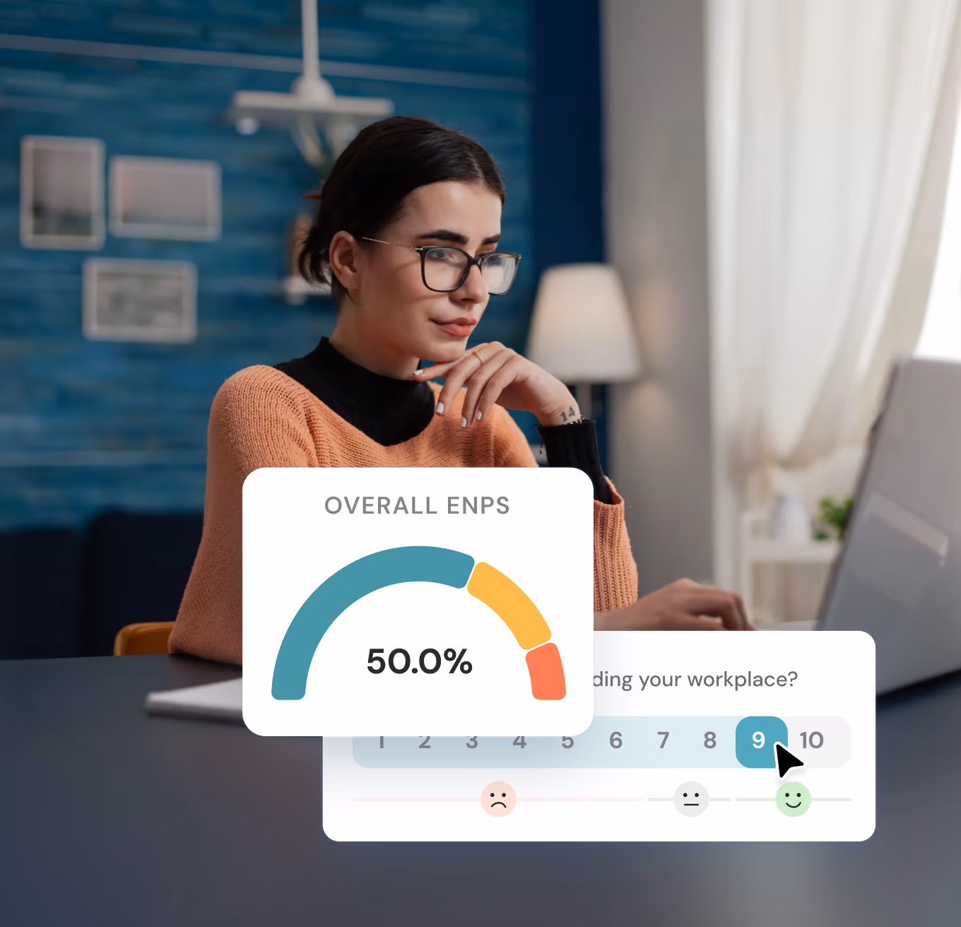 Woman with glasses and orange sweater working on a laptop at a desk, with overlay graphics showing employee net promoter score (eNPS) details: Overall eNPS at 50.0% on a colored gauge and a 1 to 10 rating scale with a cursor pointing at 9, indicating positive workplace feedback.
