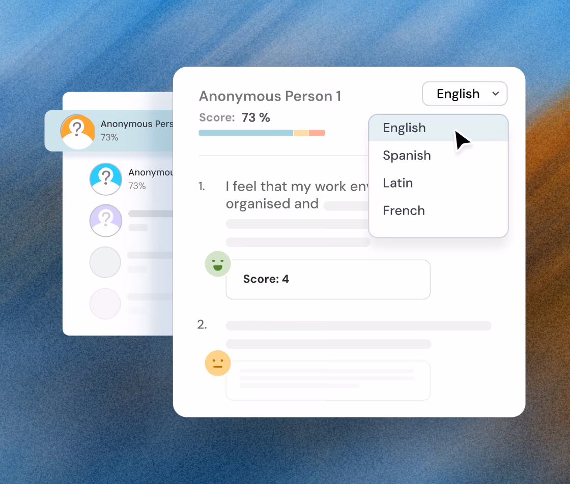 User interface showing a feedback form for Anonymous Person 1 with a score of 73% and a language dropdown menu with options English, Spanish, Latin, and French. The form contains partially blurred text responses, a green happy face with a score of 4, and a yellow neutral face for a second question.