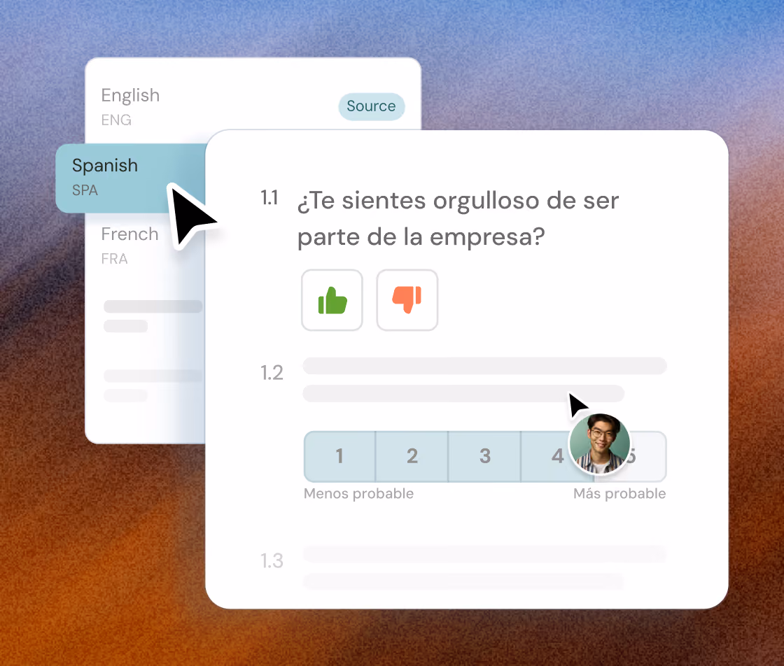 User interface showing a language selection with English, Spanish (selected), and French. A question in Spanish asks if you feel proud to be part of the company, with thumbs up and thumbs down icons and a probability scale from 1 (less likely) to 5 (more likely) accompanied by a user profile photo near the 4 rating.