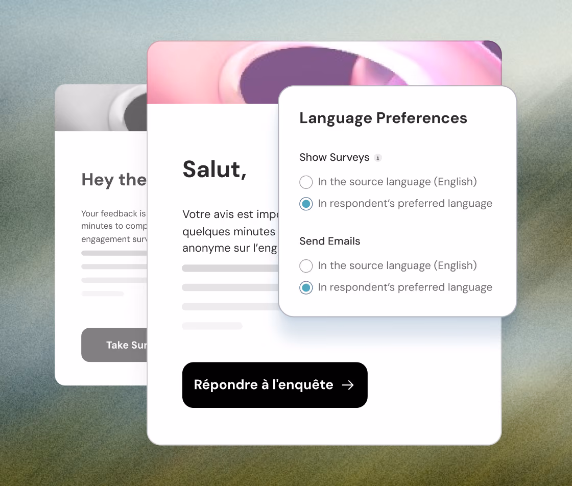 Three overlapping survey invitation cards on a blurred gradient background, the front card shows French greeting text and a black button labeled 'Répondre à l'enquête.' A language preferences popup is overlaid, showing options to display surveys and send emails either in the source language (English) or respondent's preferred language with the latter selected for both.