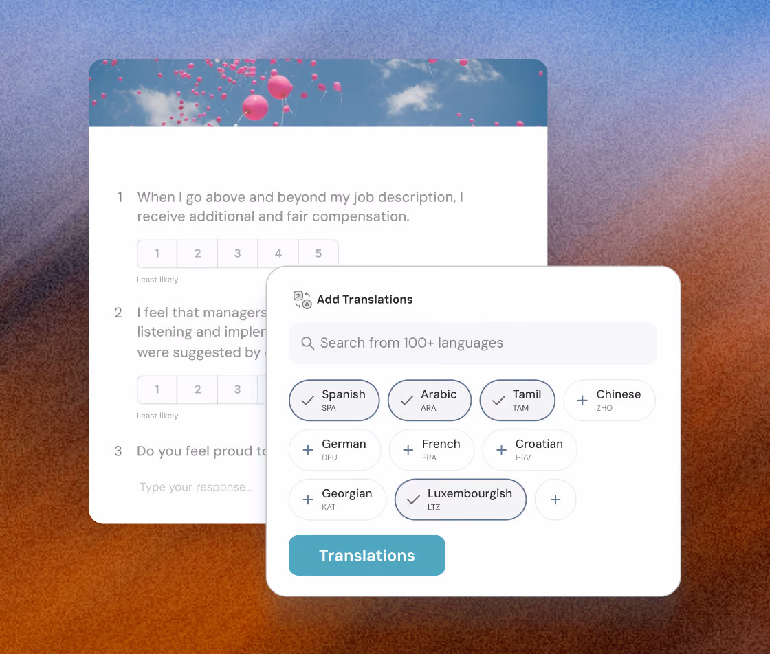 Interface showing a survey with questions and a language translation popup listing Spanish, Arabic, Tamil, Chinese, German, French, Croatian, Georgian, and Luxembourgish, with some selected for translation.
