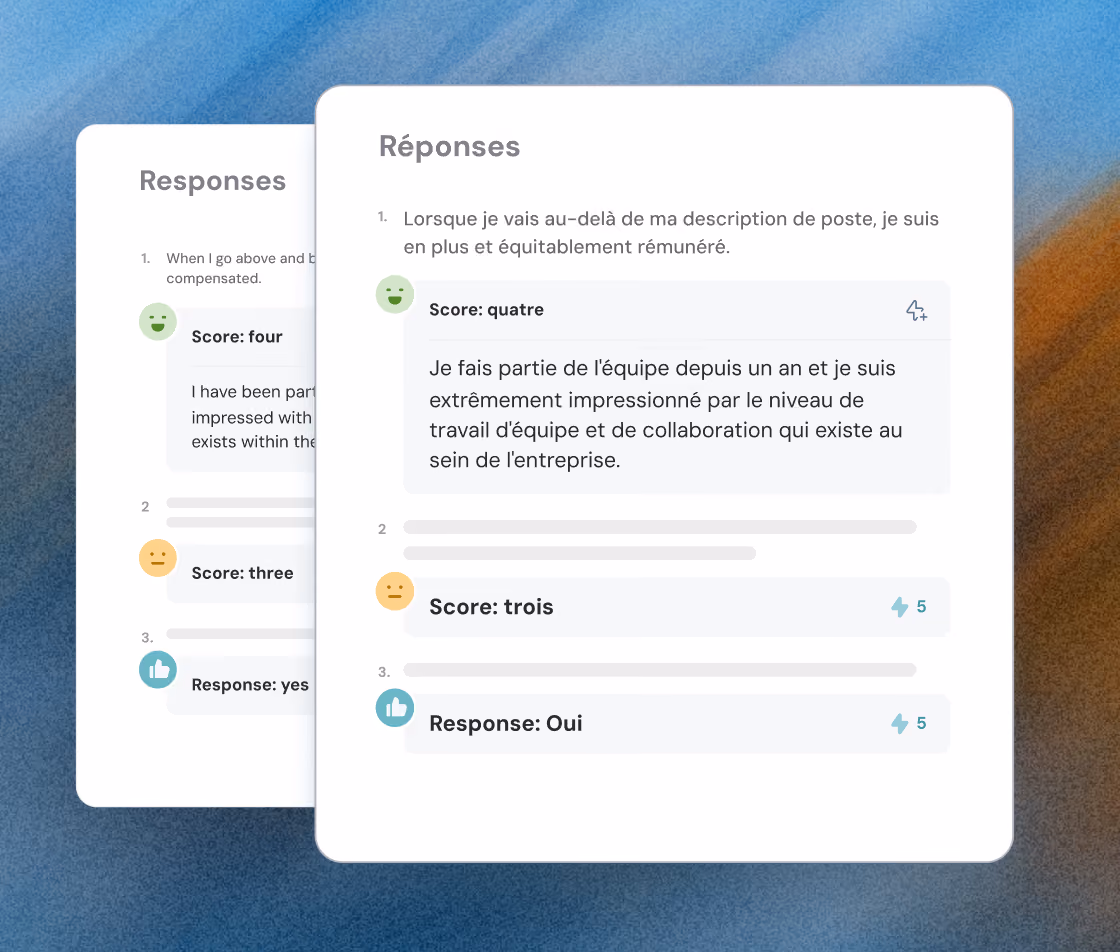 Two overlapping survey response cards showing scores and comments on job satisfaction, one in English and one in French, with emojis indicating sentiment and feedback scores on a blue and orange blurred background.