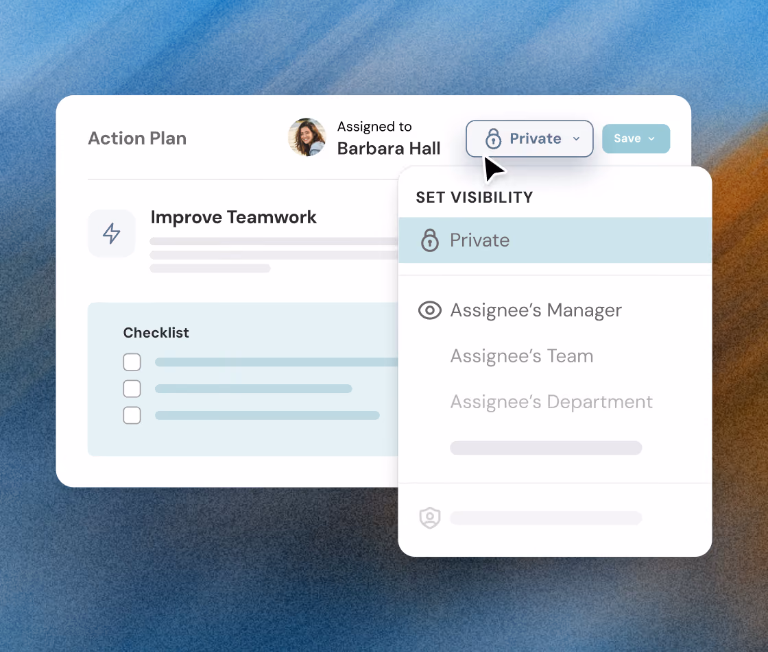 User interface screenshot of an action plan task titled 'Improve Teamwork' assigned to Barbara Hall, showing a checklist with three unchecked items and a dropdown menu for setting visibility options including Private, Assignee’s Manager, Assignee’s Team, and Assignee’s Department.