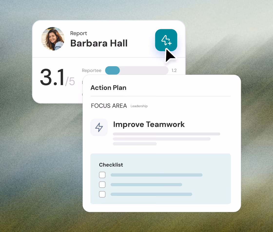 User interface showing a report card for Barbara Hall with a score of 3.1 out of 5 and a progress bar. A cursor clicks an icon with a lightning bolt, opening an Action Plan panel focused on Leadership with a task to improve teamwork and a checklist with three unchecked items.