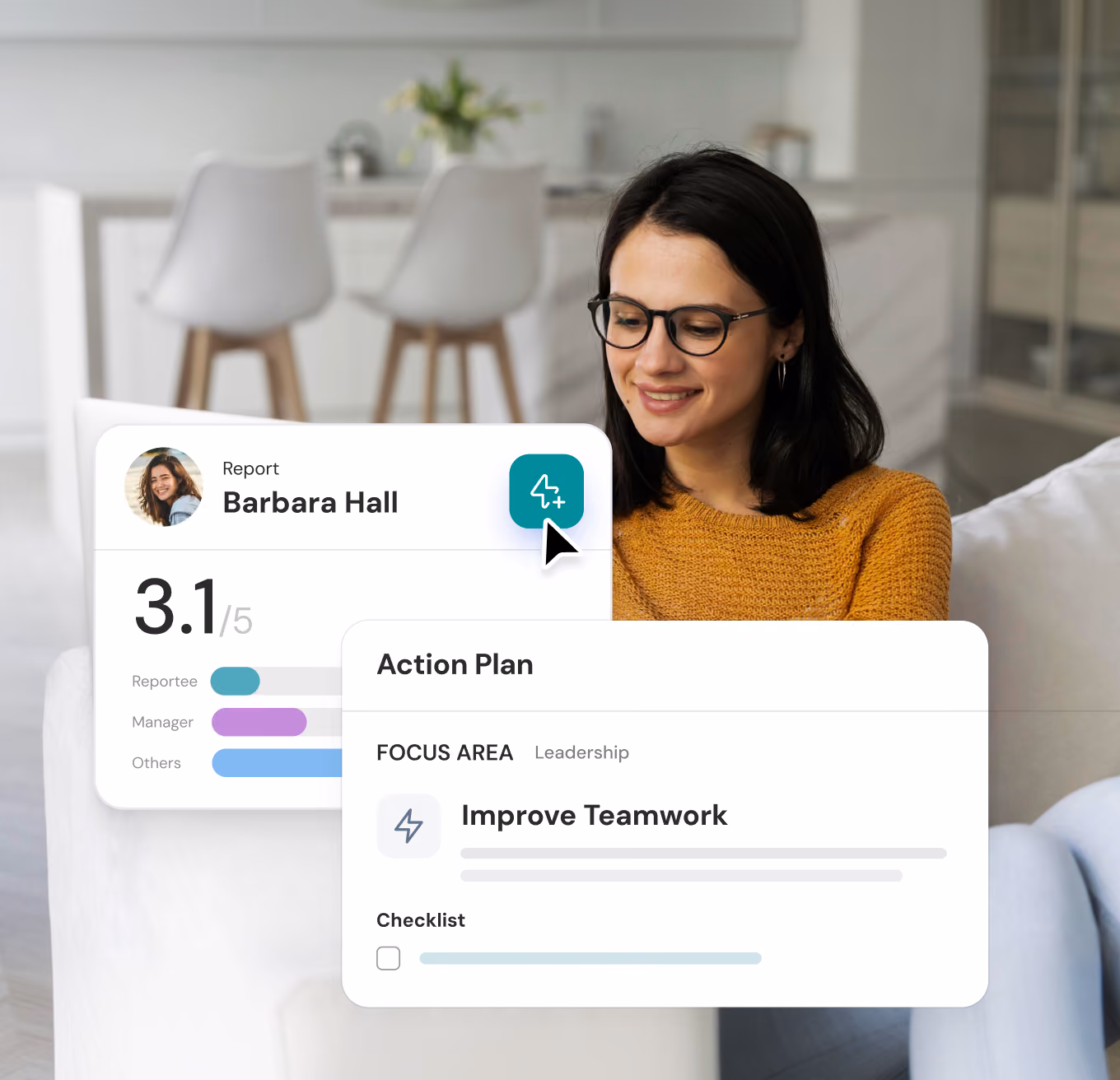 A woman with glasses and a mustard sweater sitting on a white couch, smiling while looking at a digital interface showing a report for Barbara Hall with a score of 3.1 out of 5 and an action plan focusing on improving teamwork under leadership with a checklist.