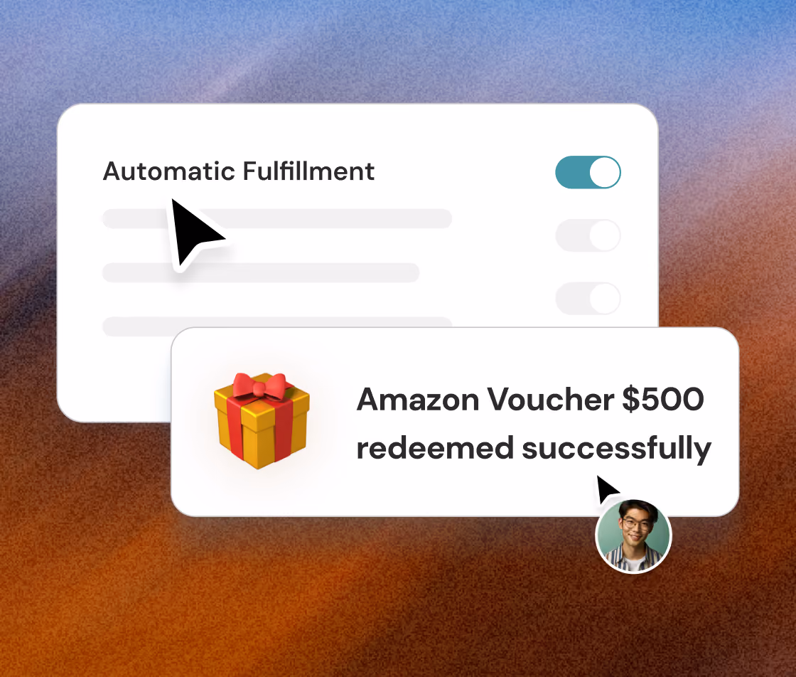 User interface showing 'Automatic Fulfillment' enabled with a toggle switch and a notification stating 'Amazon Voucher $500 redeemed successfully' accompanied by a gift icon and a small user profile picture.