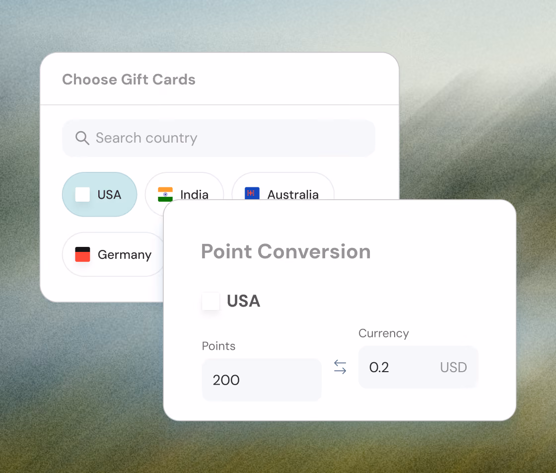 User interface showing gift card selection by country with options USA, India, Australia, and Germany, and a point conversion section for USA displaying 200 points equal to 0.2 USD.
