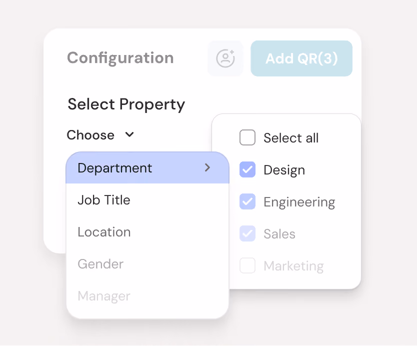Pick employee properties with multi-select to tag every QR code