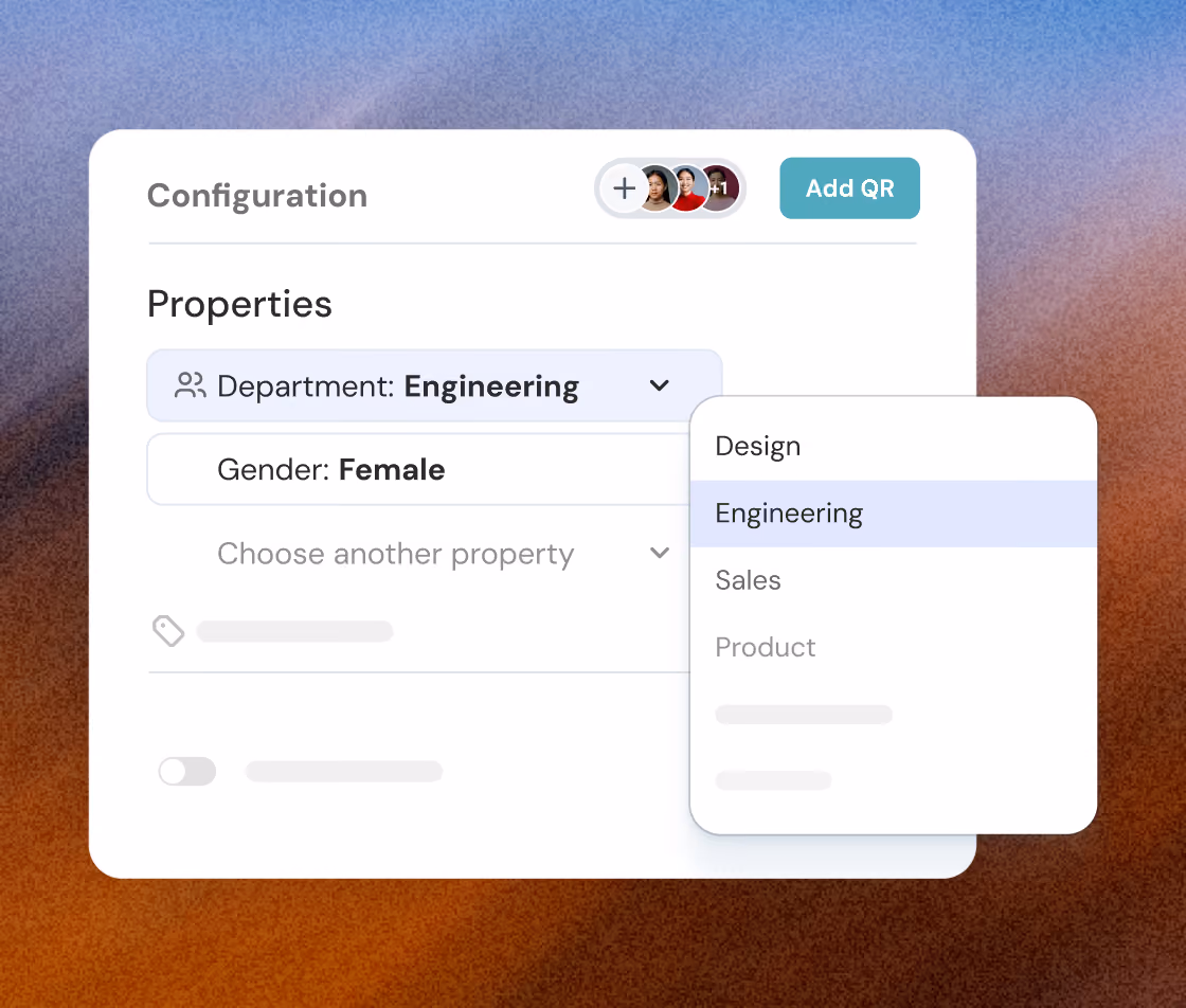 User interface configuration panel showing properties selection with department set to Engineering and gender set to Female, and a dropdown menu with options Design, Engineering, Sales, and Product.