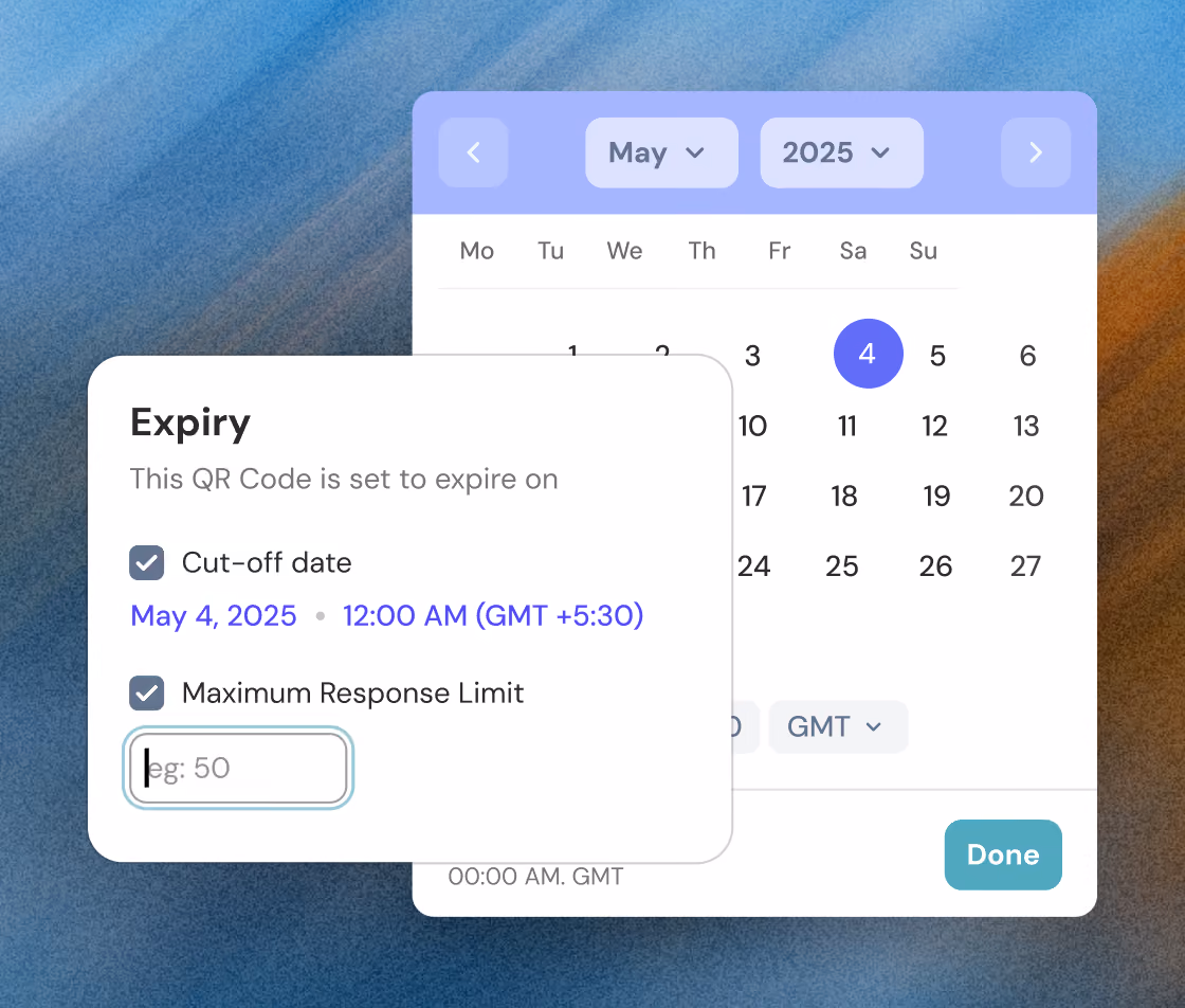 User interface showing an expiry settings window where a QR code expiration is set, including a calendar highlighting May 4, 2025, and options for cut-off date and maximum response limit with an example input for 50 responses.