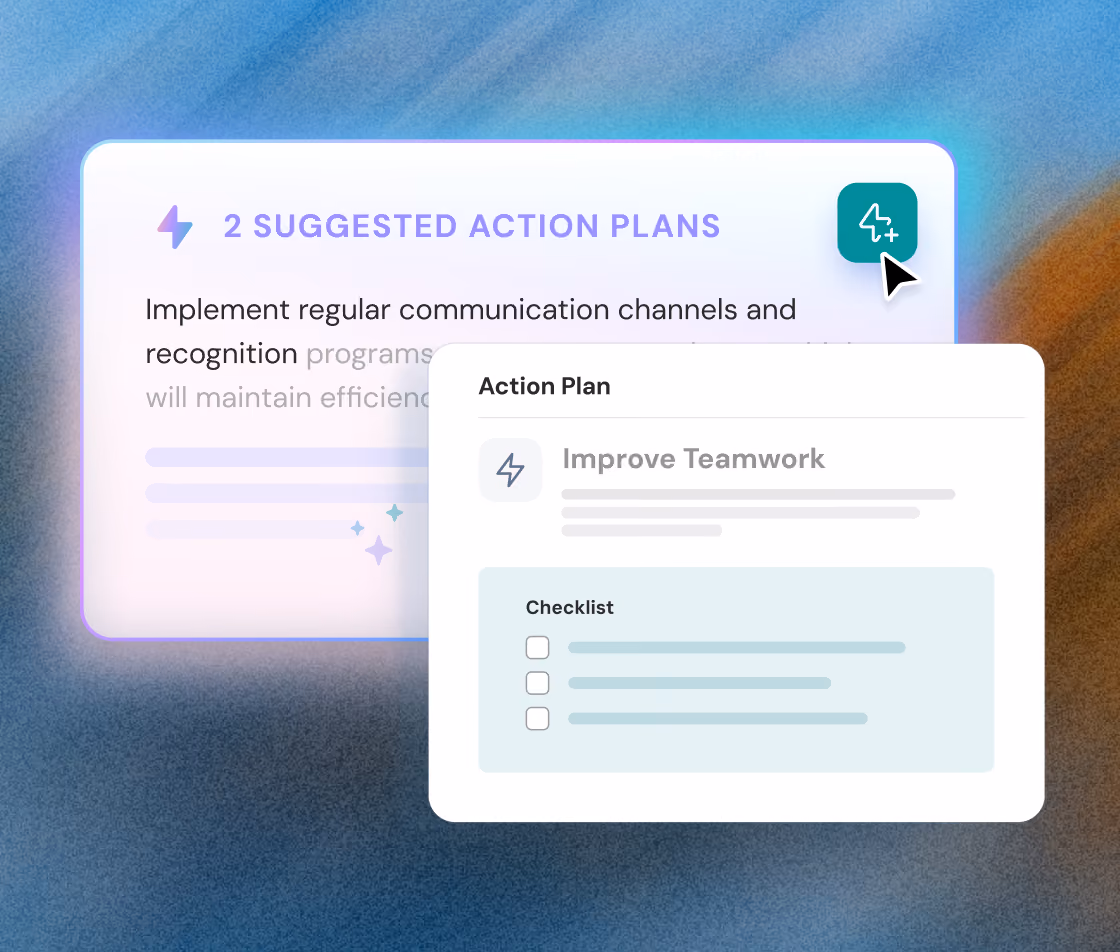 User interface showing 2 suggested action plans with a focus on improving teamwork, including a checklist with checkbox items.