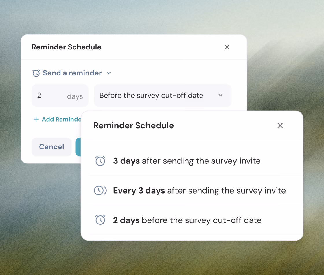 Two overlapping reminder schedule dialog boxes for survey notifications. The background box shows options to send a reminder 2 days before the survey cut-off date with buttons for Cancel and Save. The foreground box shows three reminder options with clock icons: 3 days after sending the survey invite, every 3 days after sending the survey invite, and 2 days before the survey cut-off date.