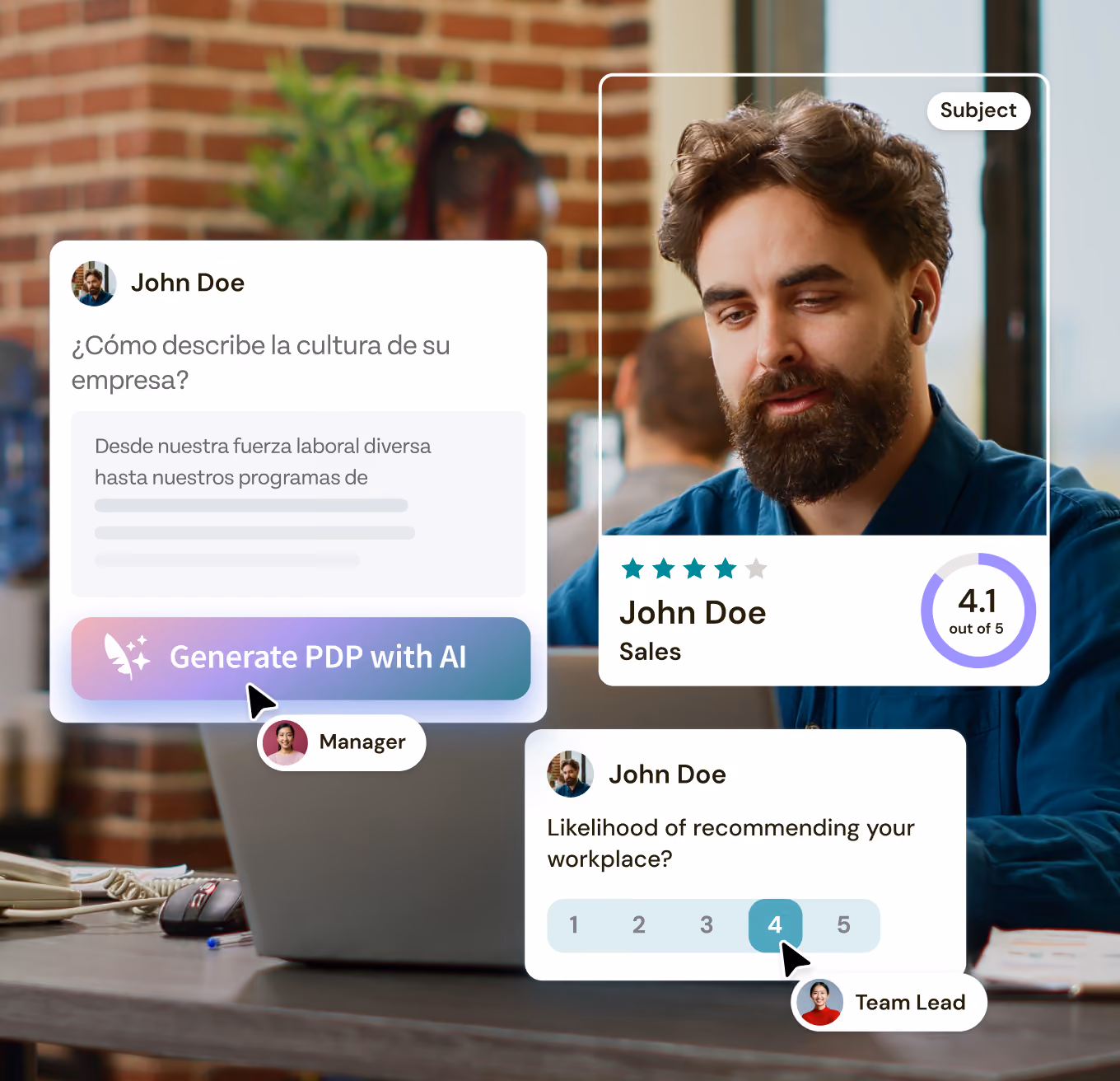 Man with curly hair and beard wearing blue shirt and wireless earphones is seated at a desk with a laptop, looking at the screen. Overlay graphics show a profile card with the man's name John Doe, role Sales, rating 4.1 out of 5 stars, and a four-star rating highlight. Additional text boxes ask about company culture in Spanish and likelihood of recommending the workplace, with selectable numeric rating 4 highlighted. Buttons include a purple gradient with 'Generate PDP with AI' and labels identify roles as Manager and Team Lead.