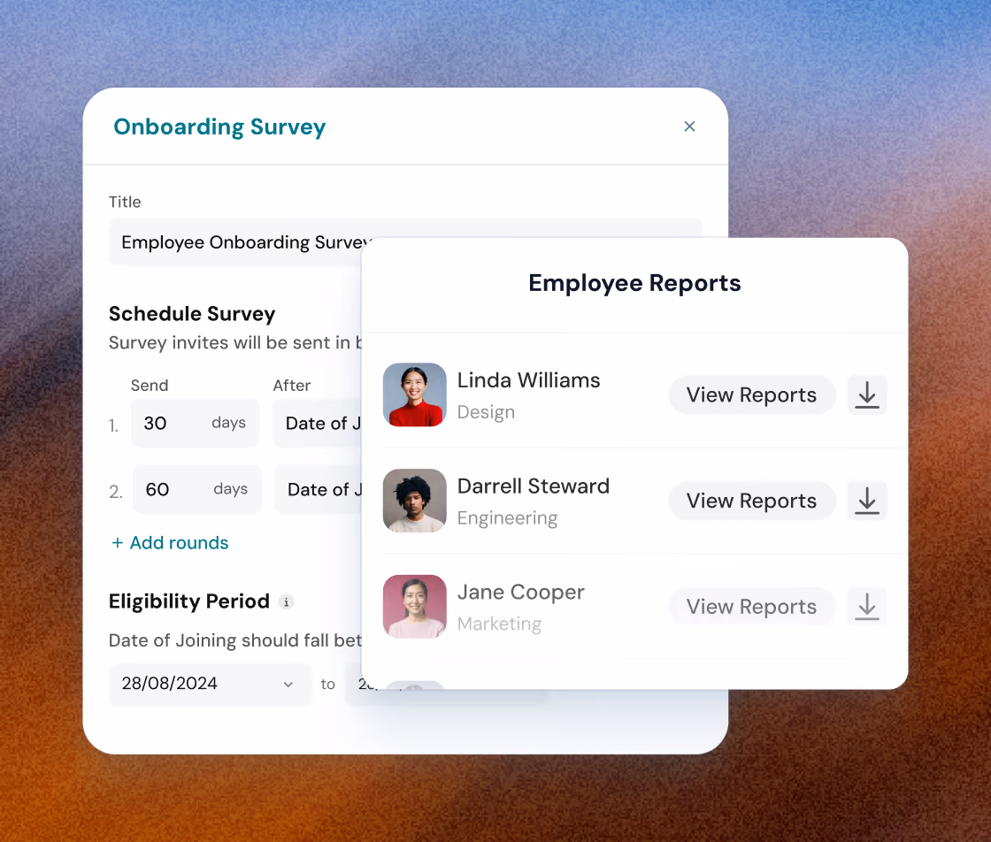 User interface showing an onboarding survey setup with schedule options for sending survey invites after 30 and 60 days of joining, and an eligibility period selector. An overlay window titled Employee Reports lists three employees—Linda Williams in Design, Darrell Steward in Engineering, and Jane Cooper in Marketing—with buttons to view reports and download icons next to each name.