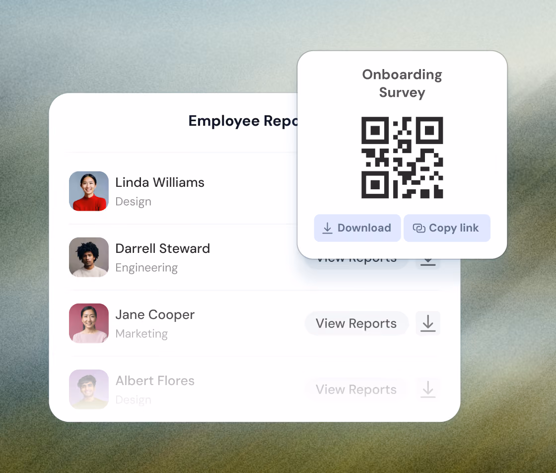 User interface showing an employee report list with four employees including Linda Williams, Darrell Steward, Jane Cooper, and Albert Flores, each with profile pictures and job roles; a pop-up window labeled Onboarding Survey displays a QR code with buttons to download or copy the link.