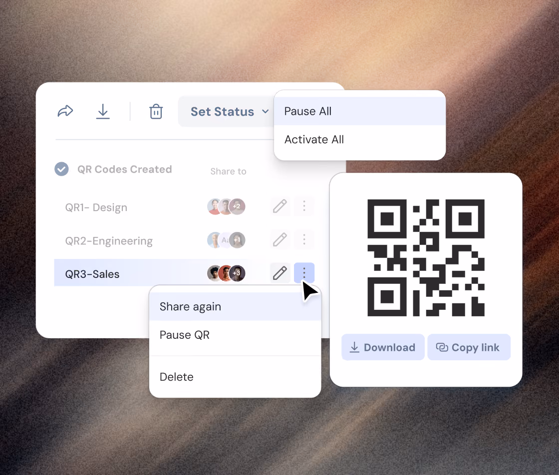 User interface showing a QR code management dashboard with a list of created QR codes labeled QR1-Design, QR2-Engineering, and QR3-Sales. The QR3-Sales item is selected with options to share again, pause, or delete. A QR code is displayed on the right with buttons for Download and Copy link. A dropdown menu above shows options to Pause All or Activate All QR codes.