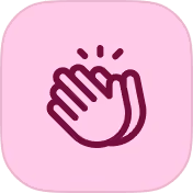 Icon of a clapping hand on a rounded pink square background.
