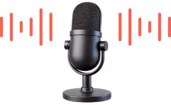 Black vintage-style microphone on a round base with vertical red sound wave bars on each side.
