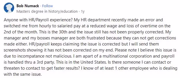 A Quora post of a user complaining about payroll errors in his workplace caused by human incompetence