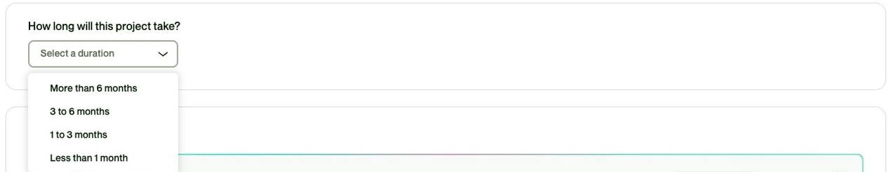 A screenshot of the project duration selection on Upwork.