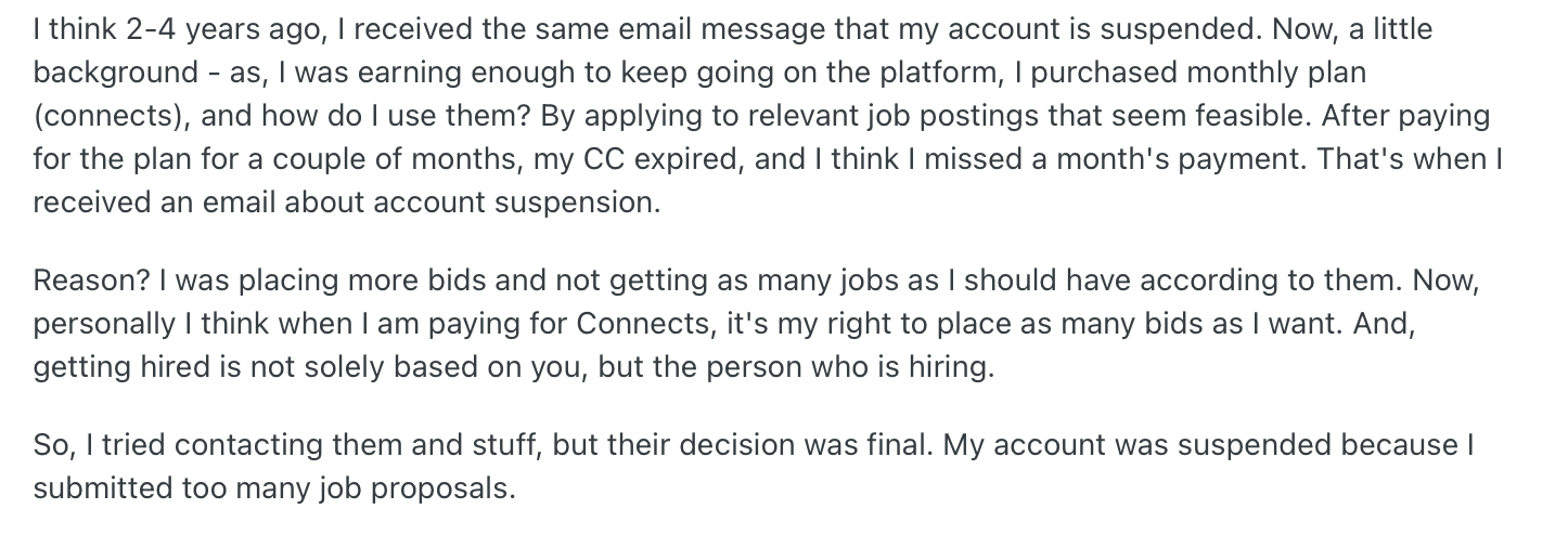 A screenshot of a comment from one Reddit user shared about their experience of being banned. 