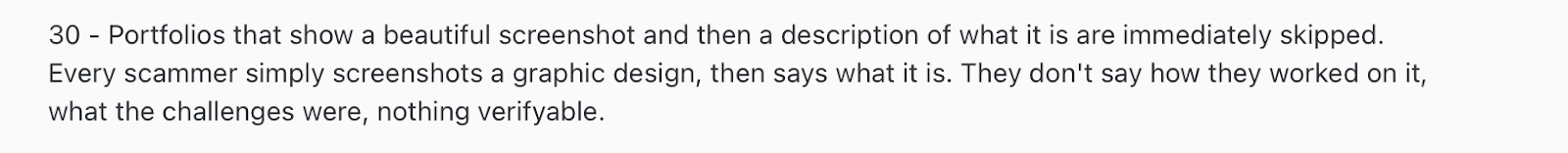A screenshot of a post from a Reddit user about portfolios and their descriptions.