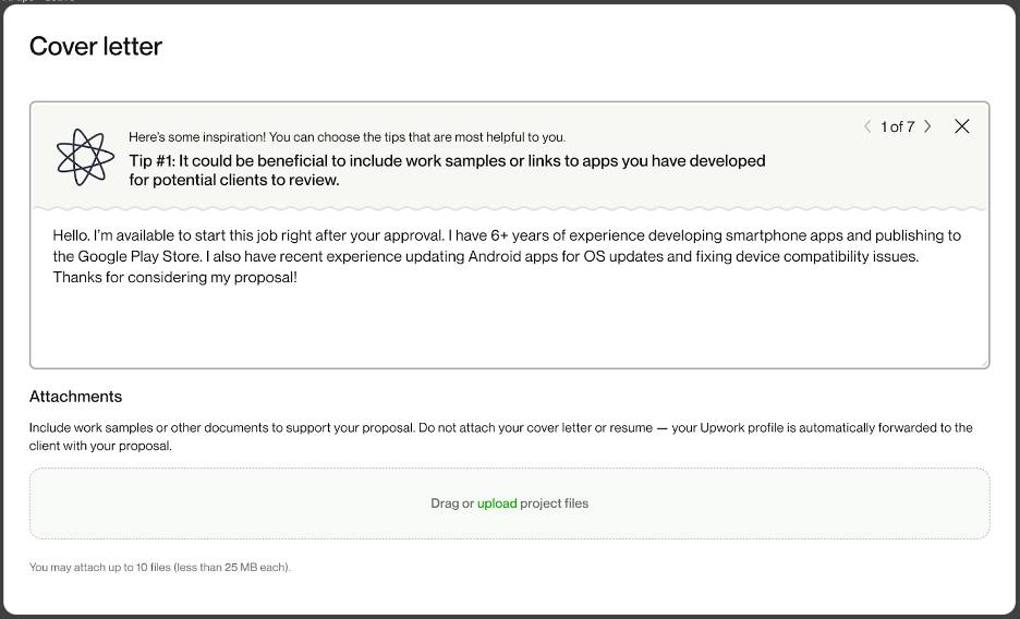 A screenshot of the “Cover Letter” selection on Upwork.