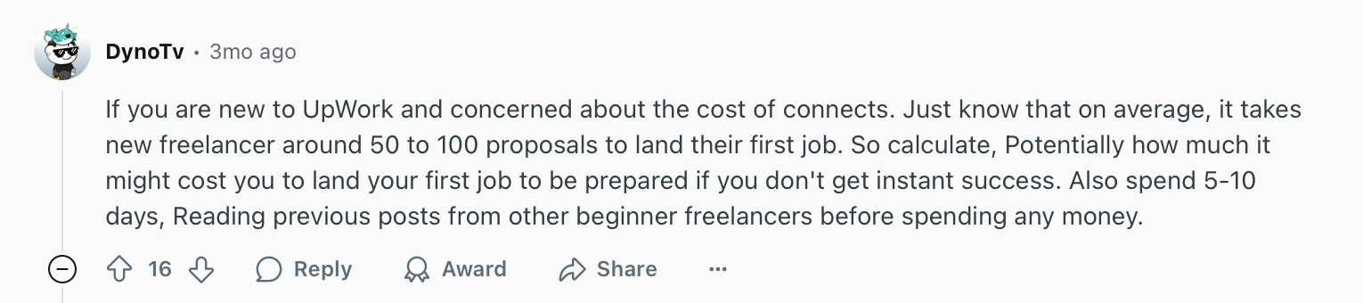 A screenshot of a comment from a Reddit user about using Connects on Upwork.