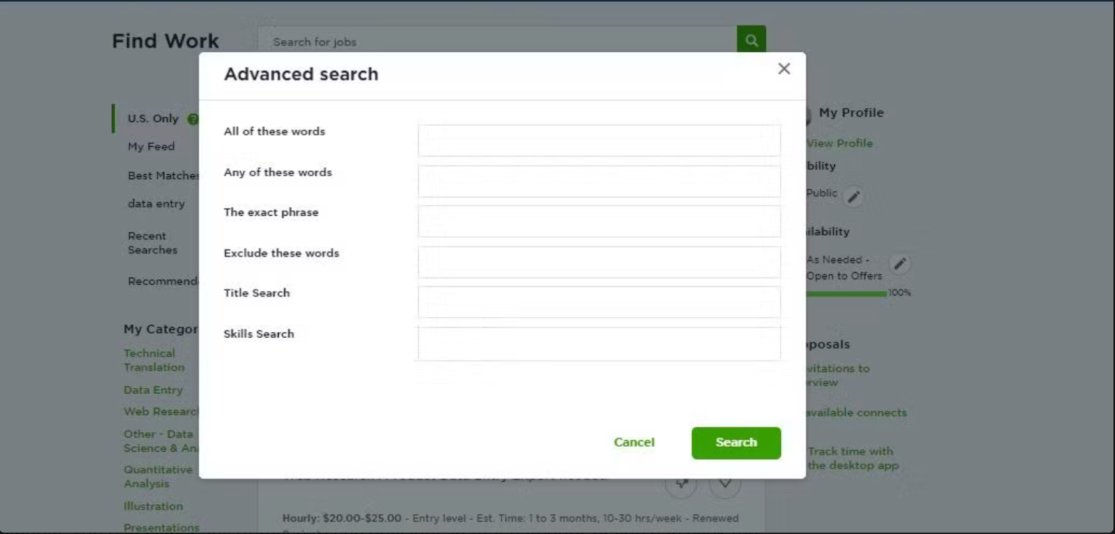 A screenshot of the advanced search window on Upwork.