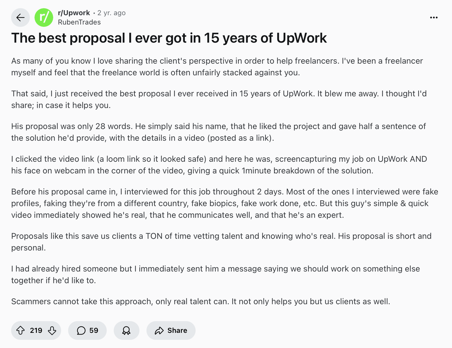 A screenshot of a post from a Reddit user about the best proposal they ever received on Upwork