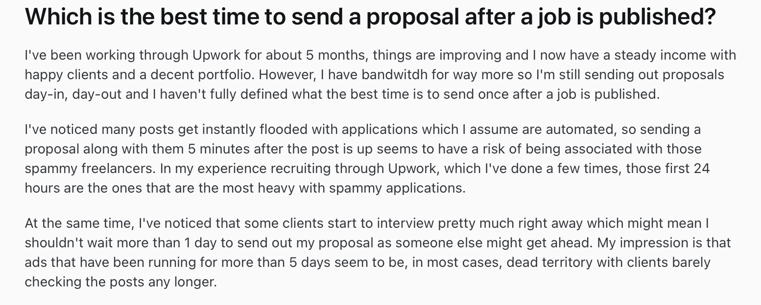  A screenshot of a comment from a Reddit user about choosing the right time to bid on Upwork