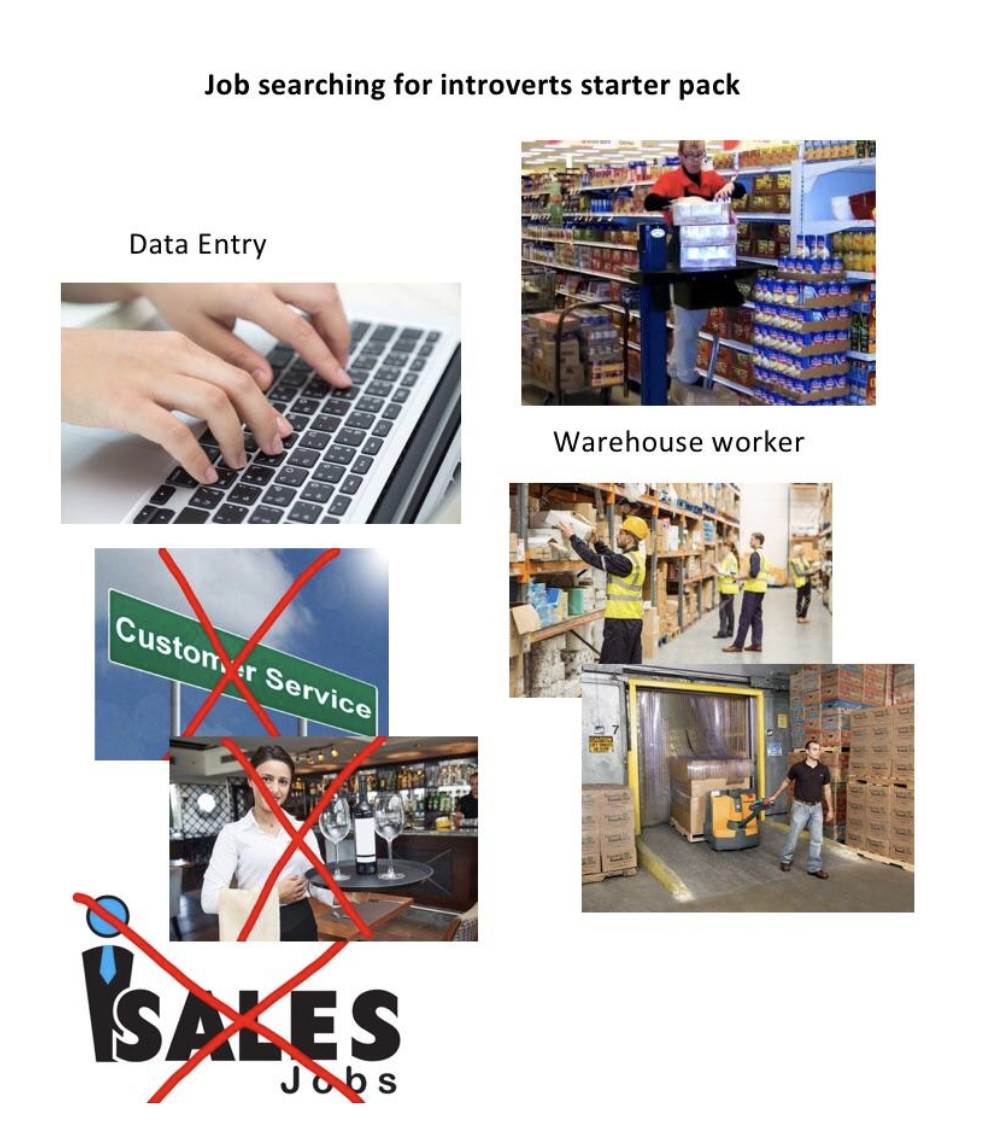 Meme titled “Job searching for introverts starter pack” featuring images of data entry and warehouse work as preferred roles, and crossed-out images of customer service, waitressing, and sales jobs.