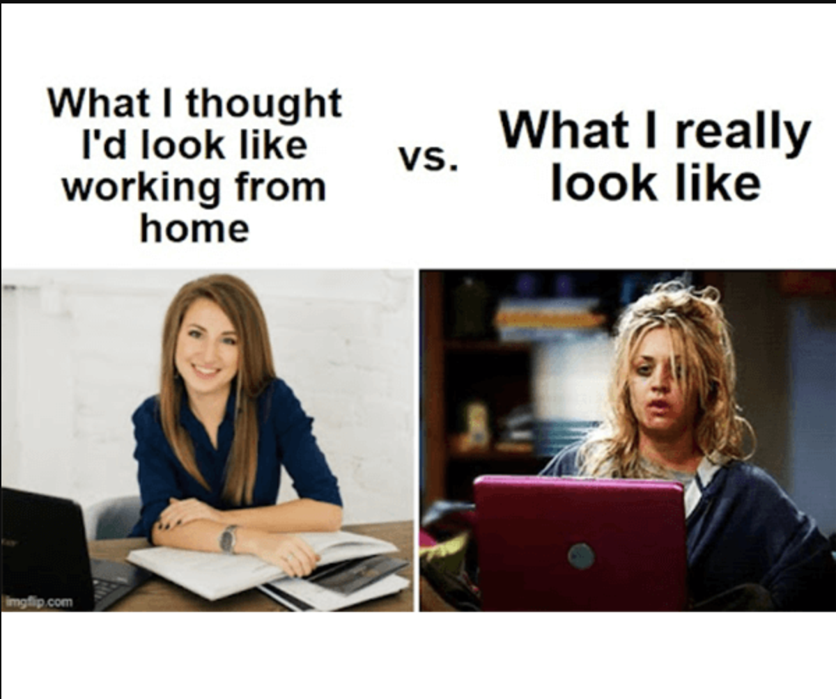 Meme comparing work-from-home expectations vs. reality — left image shows a polished woman at a desk, while the right shows a messy-haired woman in pajamas looking exhausted in front of a laptop.