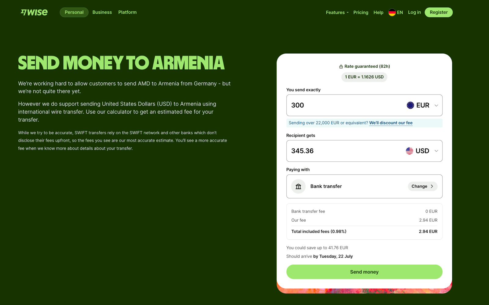 ise transfer screen showing 300 EUR sent to Armenia as 345.36 USD, with a 2.94 EUR fee and SWIFT delivery by 22 July.