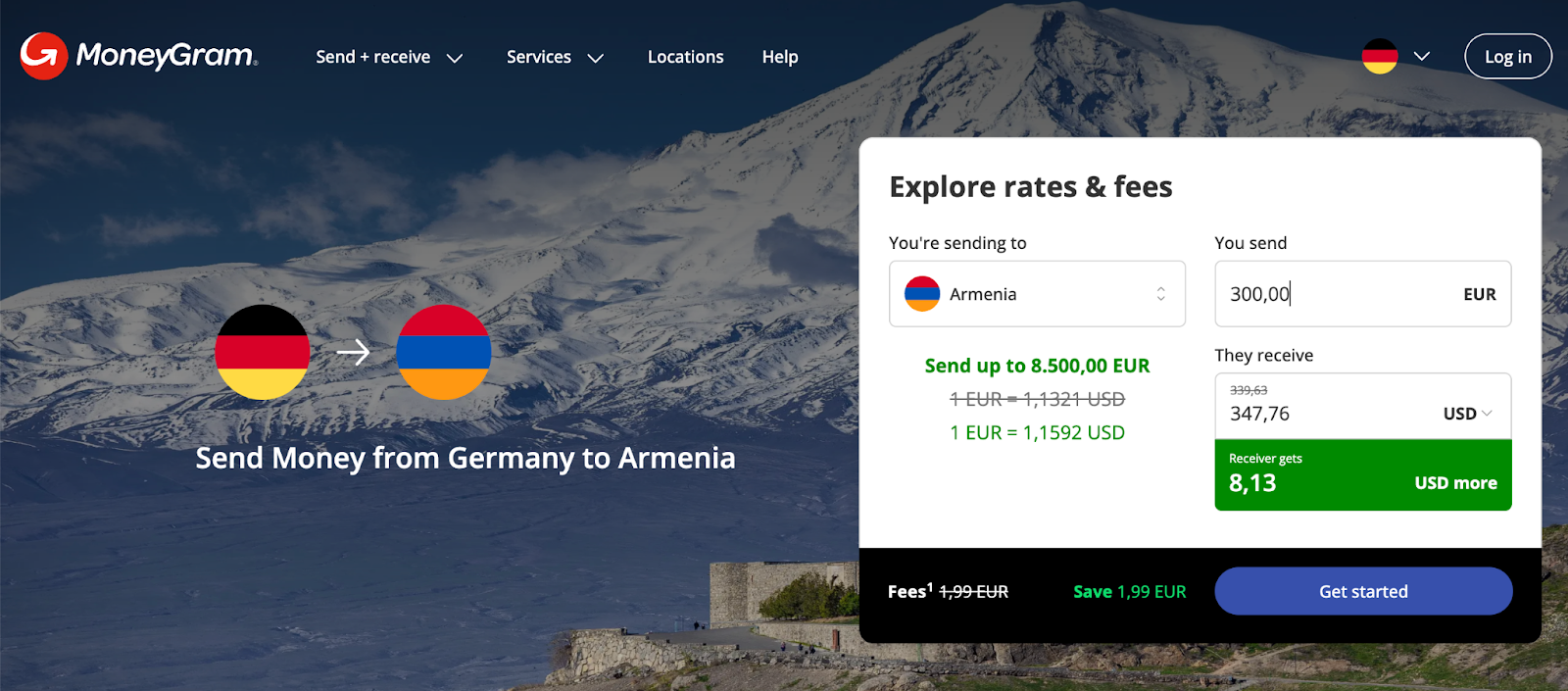 Screenshot of MoneyGram transfer page showing a 300 EUR transfer from Germany to Armenia, with the recipient receiving 347.76 USD. Interface highlights an 8.13 USD bonus due to a waived 1.99 EUR fee.