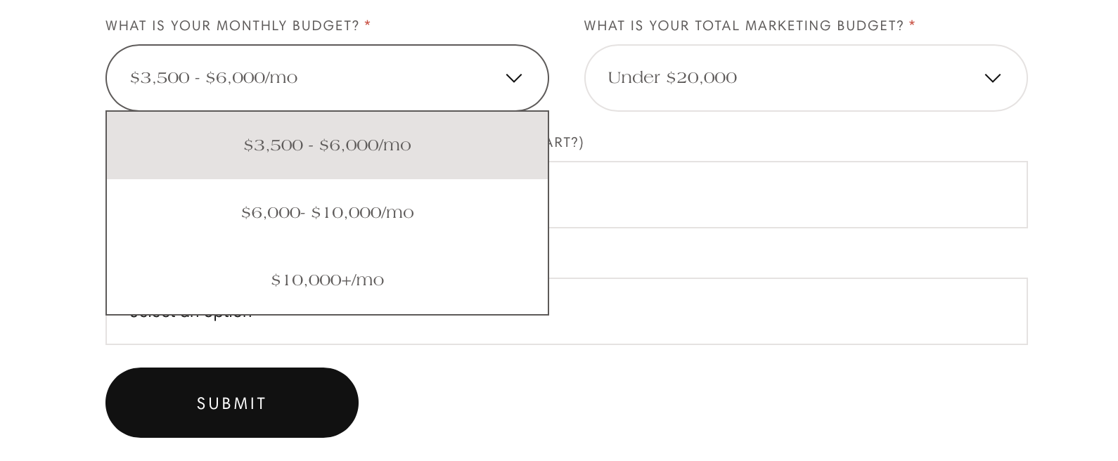 A screenshot of a website with a question about the client's monthly budget