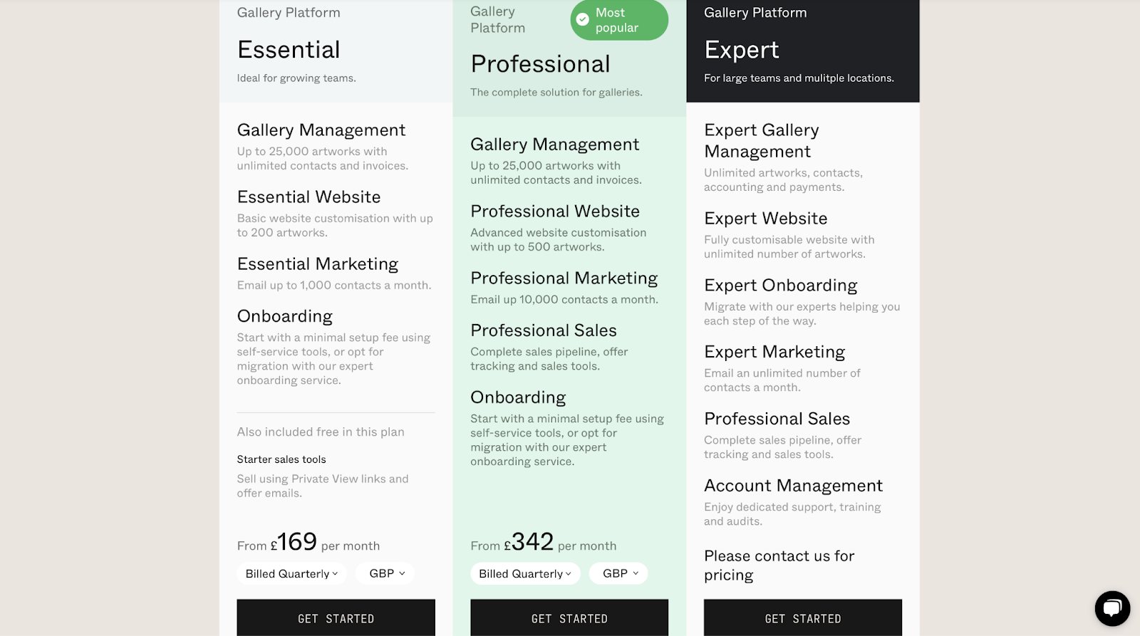 A screenshot from the Artlogic website showing their price range