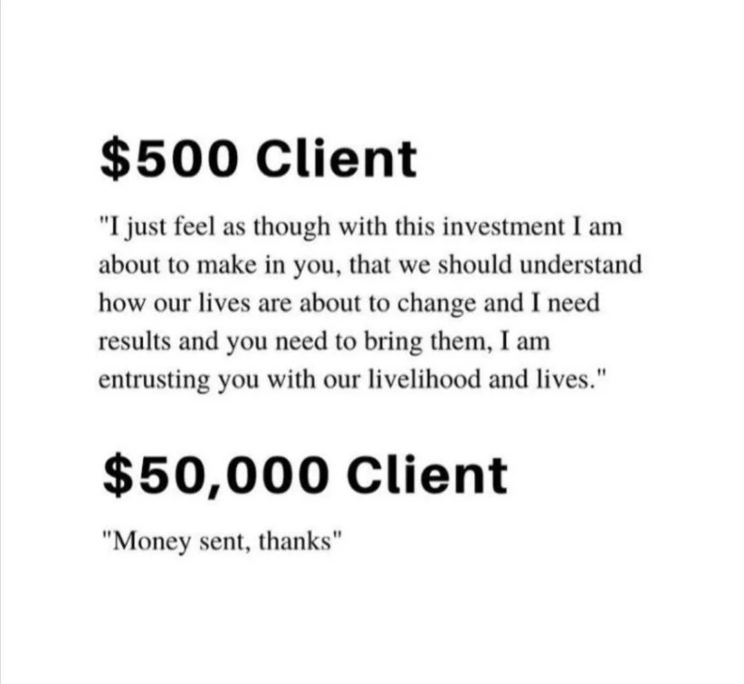A joke about the difference in attitude between two types of customers: one who pays $500 for the service and one who pays $50,000